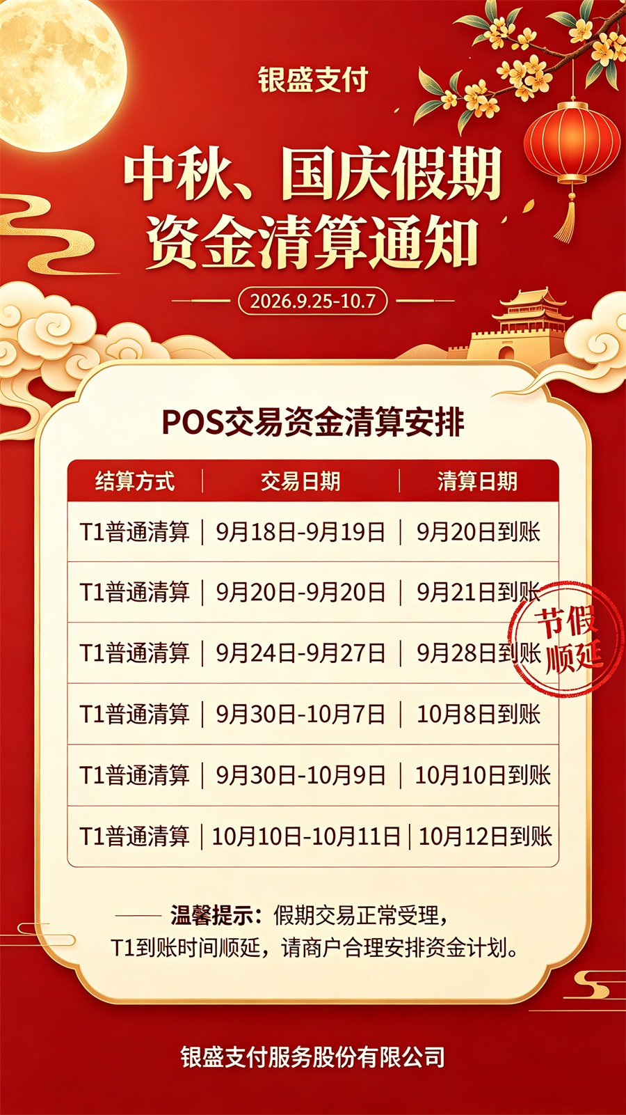 2026年银盛支付中秋国庆双节资金清算安排来通知-图1