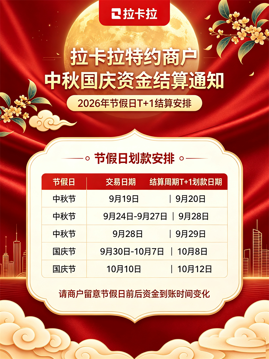拉卡拉2026中秋国庆假期划款通知及商户注意事项-图1